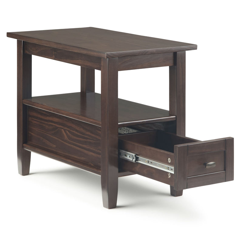 Handcrafted Warm Shaker coffee table by Simpli-Home featuring a wooden finish and sturdy design in a modern living room setting.