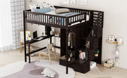 DreamHaus loft bed with integrated bookshelf, drawers, desk, and wardrobe shown in a modern bedroom setup.
