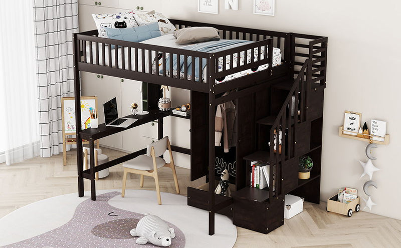 DreamHaus loft bed with integrated bookshelf, drawers, desk, and wardrobe shown in a modern bedroom setup.