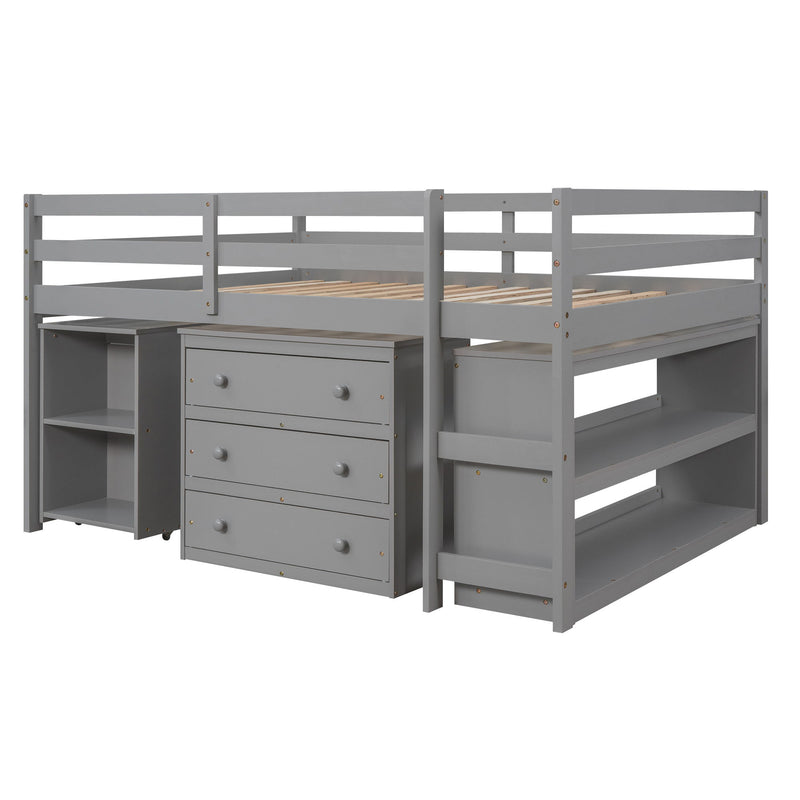 DreamHaus loft low study bed with cabinet, shelves, and rolling desk, showcasing multi-functional design with wood finish.