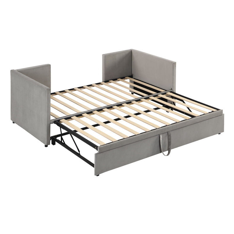 Twin size upholstered daybed with pop-up trundle by Halcyon Home, featuring a cushioned headboard and versatile sleeping options.