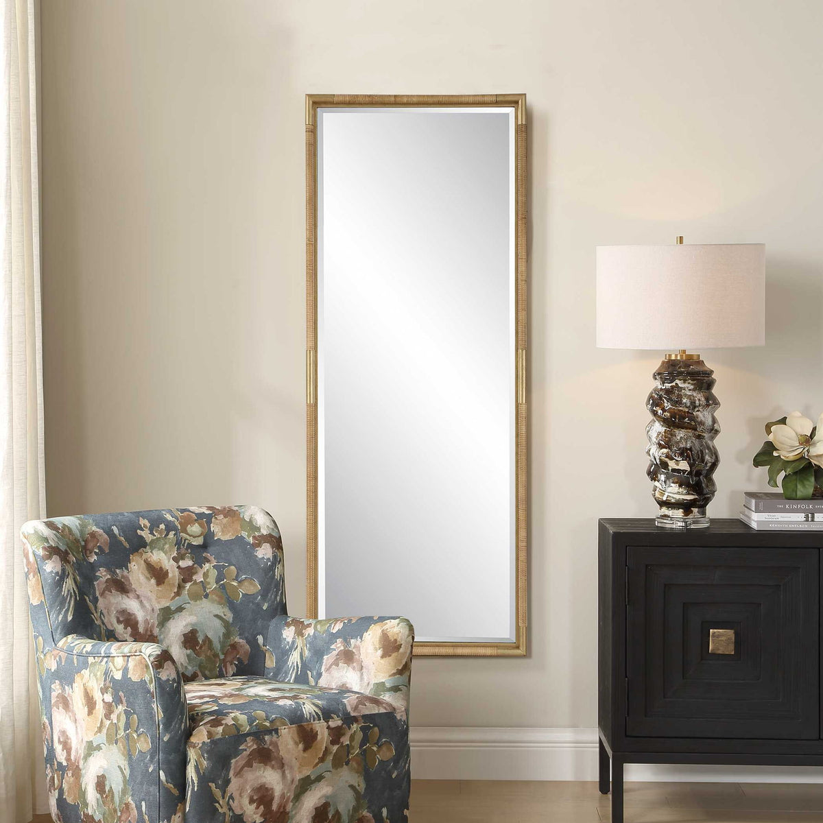 Kampar - Full Length Rattan Tall Mirror - Gold / Woodtone
