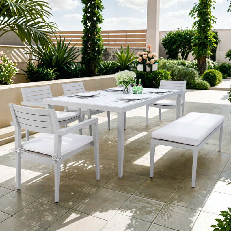 6 Piece Dining Set Outdoor Patio Furniture, 4 Dining Chairs & 1 Dining Bench Sunbrella Fabric And 2 Tone Rectangle Table With Umbrella Hole - Matte White / Grayish - R&R Furniture Gallery (Fountain Valley, CA)