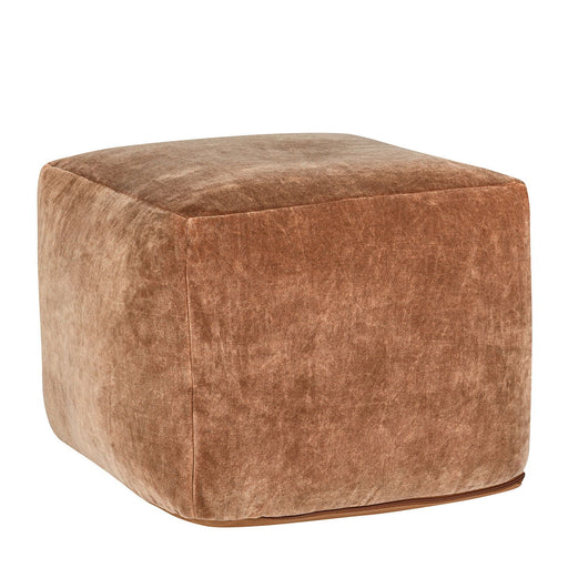 Velvet accent pouf in hazel from Classic Home, heirloom-style velvet ottoman with soft, plush fabric and decorative stitching.