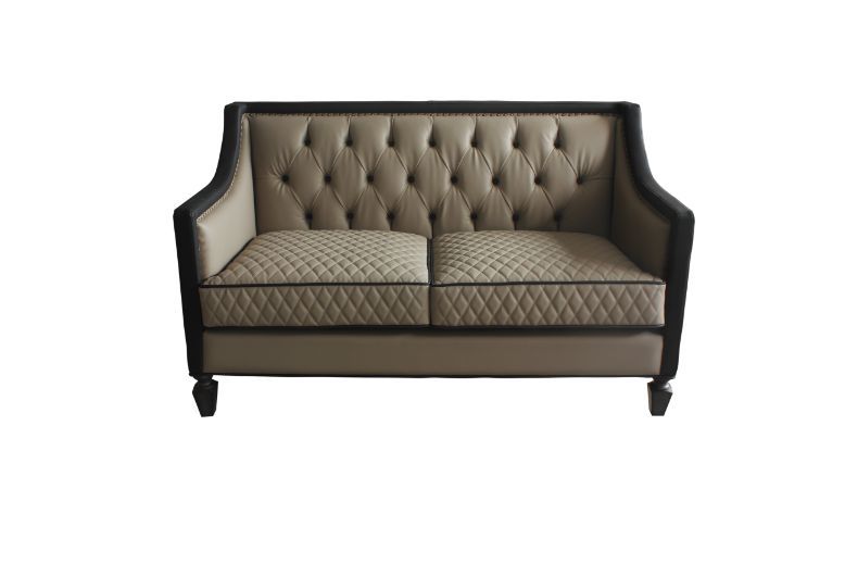 House Beatrice - Loveseat With 3 Pillows - Tan Synthetic Leather , Black Synthetic Leather & Charcoal - R&R Furniture Gallery (Fountain Valley, CA)