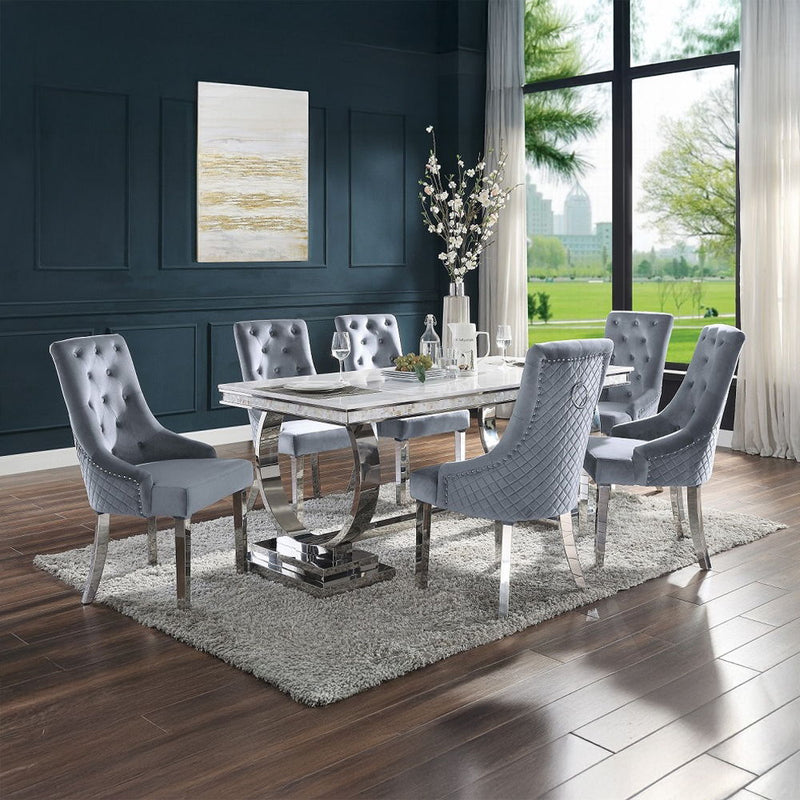 Zander - Dining Table - White Printed Faux Marble Top & Mirrored Silver - R&R Furniture Gallery (Fountain Valley, CA)