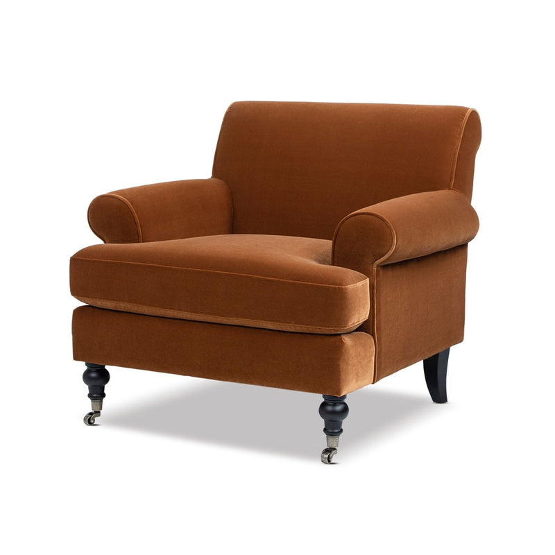 Jennifer Taylor Home Alana Lawson Accent Arm Chair with casters, featuring a stylish upholstered design and wooden legs.