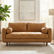 Simpli-Home Morrison upholstered stationary sofa with plush fabric and modern design, featuring cushioned armrests and a comfortable seat.