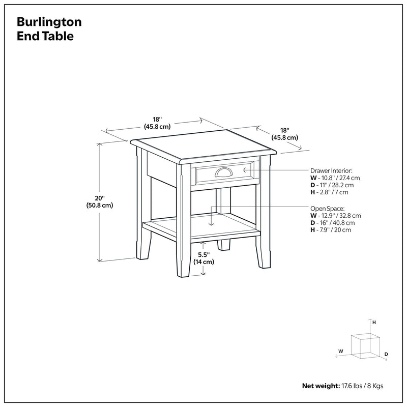 Simpli-Home Burlington mahogany brown end table with a rectangular wooden surface and sturdy legs, ideal for living room use.