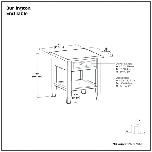 Simpli-Home Burlington mahogany brown end table with a rectangular wooden surface and sturdy legs, ideal for living room use.