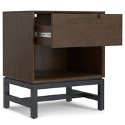 Walnut brown Banting accent nightstand by Simpli-Home with a single drawer and open shelf, modern wood bedroom furniture piece