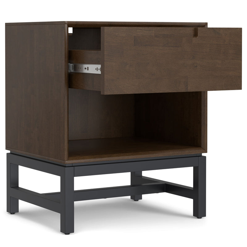 Walnut brown Banting accent nightstand by Simpli-Home with a single drawer and open shelf, modern wood bedroom furniture piece