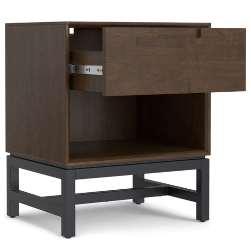 Walnut brown Banting accent nightstand by Simpli-Home with a single drawer and open shelf, modern wood bedroom furniture piece