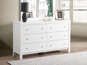 Elegant transitional dresser by Glory Furniture featuring sleek wood finish and multiple storage drawers.