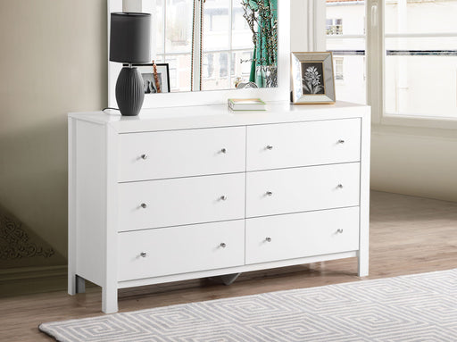 Elegant transitional dresser by Glory Furniture featuring sleek wood finish and multiple storage drawers.