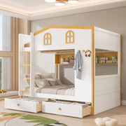 White and natural twin over twin bunk bed by Dreamland with house-shaped guardrails, storage shelves, and drawers.