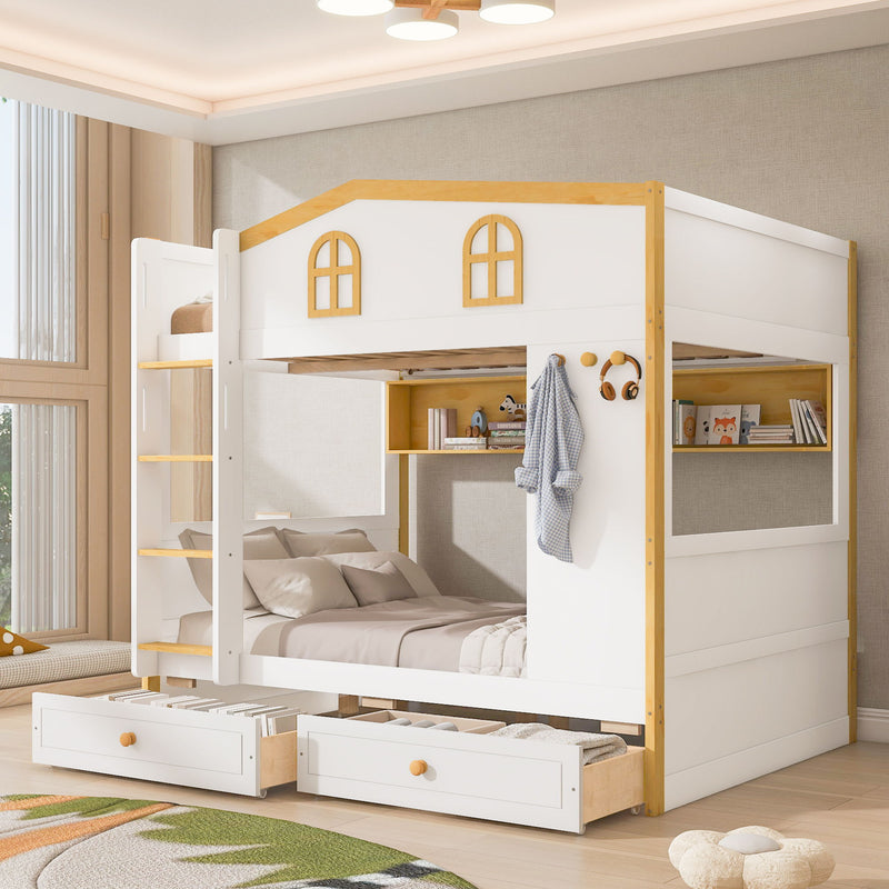 White and natural twin over twin bunk bed by Dreamland with house-shaped guardrails, storage shelves, and drawers.