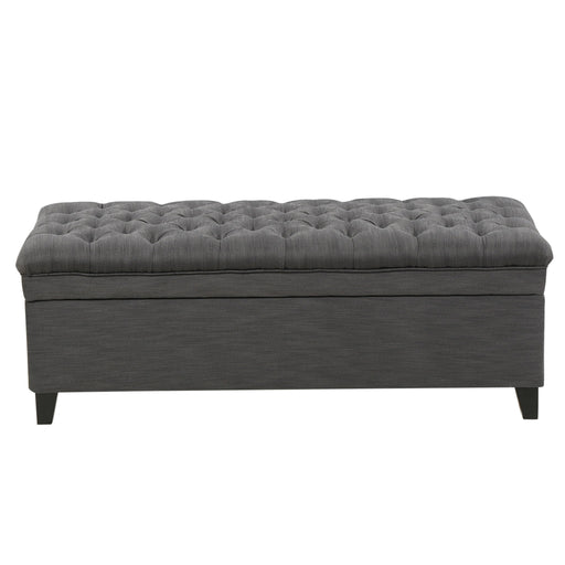 Noble House Juliana storage ottoman with beige fabric and birch wood legs, featuring a cushioned top and interior storage space.