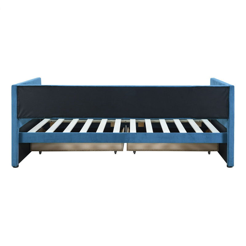 Halcyon Home storage daybed with two drawers and wood slat bed frame, showcasing a modern design and functional storage space.