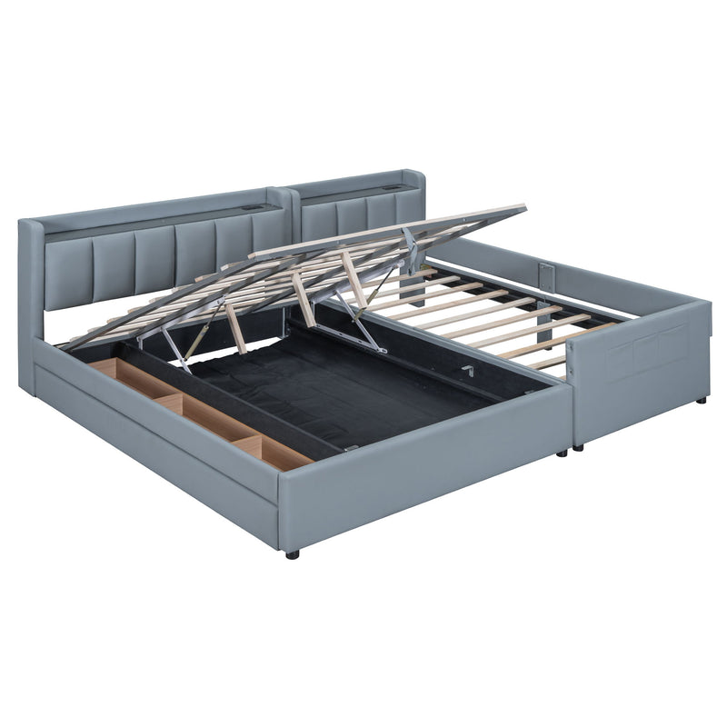 Upholstered Mother & Child Bed With Hydraulic Storage System, Drawer Box, Bedhead Storage Shelf And 2 Pairs Of Sockets & USB Ports - R&R Furniture Gallery (Fountain Valley, CA)