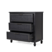 Dark gray Newell Cane 3 Drawer Dresser by Noble House, accent chest with cane detailing and sleek storage drawers.