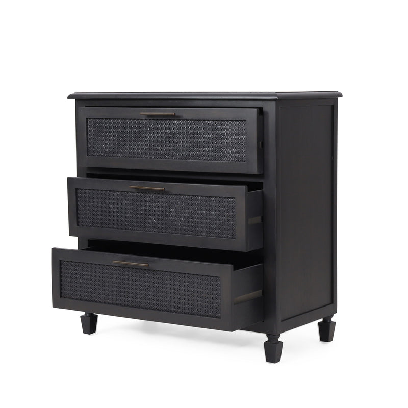 Dark gray Newell Cane 3 Drawer Dresser by Noble House, accent chest with cane detailing and sleek storage drawers.