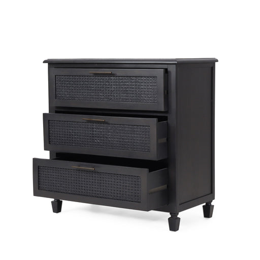 Dark gray Newell Cane 3 Drawer Dresser by Noble House, accent chest with cane detailing and sleek storage drawers.