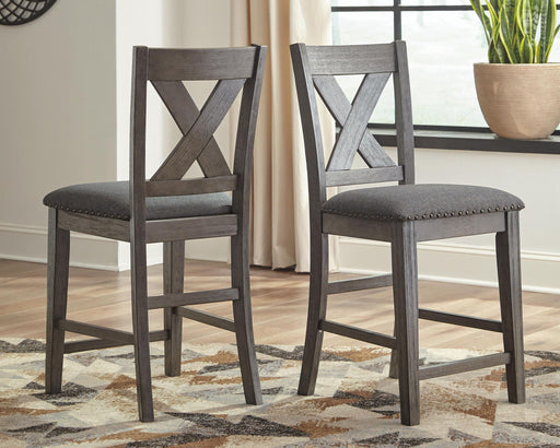Pair of gray upholstered Caitbrook barstools by Signature Design by Ashley, featuring cushioned seats and sleek wooden legs.