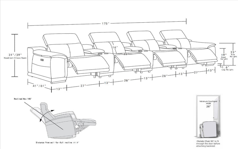 2679 - Genuine Leather Sofa With 4 Power Recliners, Power Headrests & 3 Storage Consoles