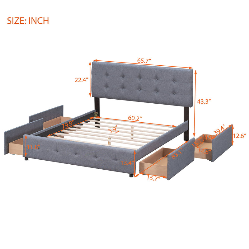 DreamHaus upholstered platform bed with classic headboard and built-in storage drawers, no box spring needed, in a modern bedroom setting.