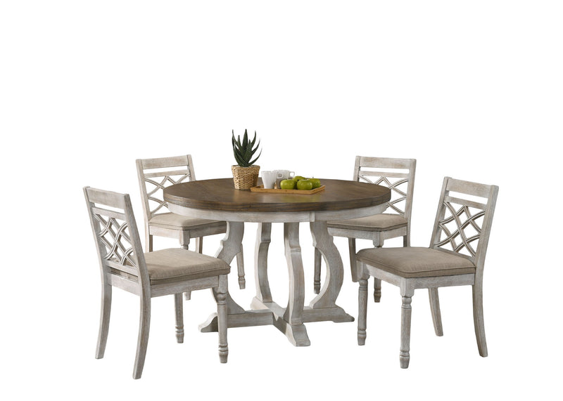Havanna 5-piece vintage walnut dining table set with wide round table and off-white chairs by Lilola Home, perfect for dining room.