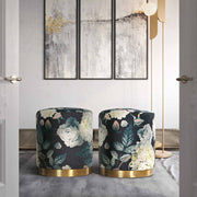 Dark gray floral velvet ottoman with gold base by TOV Furniture, showcasing plush upholstered seating and elegant design.