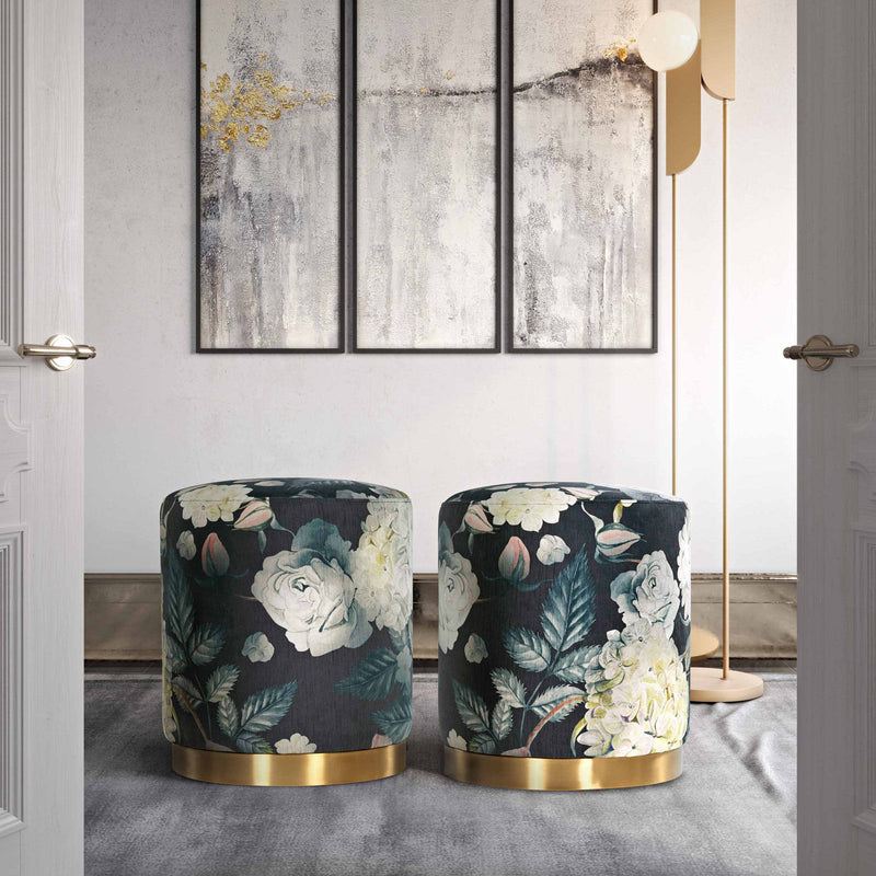 Dark gray floral velvet ottoman with gold base by TOV Furniture, showcasing plush upholstered seating and elegant design.