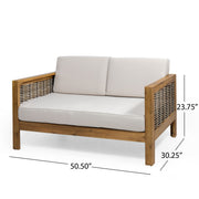 Outdoor 4 seater acacia wood chat set with wicker accents and beige cushions, ideal for patio or garden seating.
