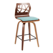 Lumi Source Folia mid-century modern fixed height counter stool set with swivel seats, featuring sleek wooden legs and cushioned seats.