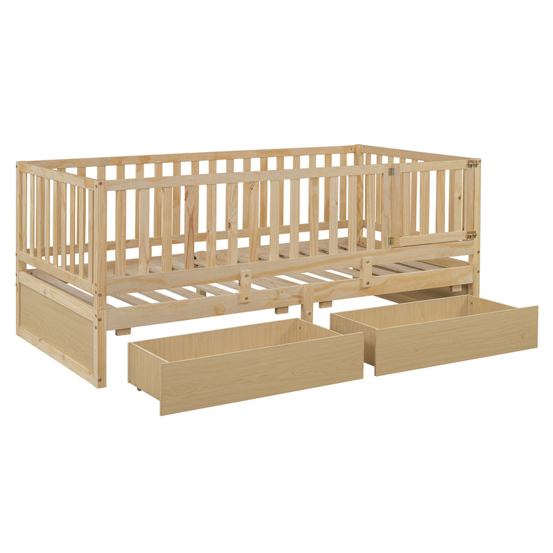 DreamHaus storage daybed with fence guardrails, two drawers, and convertible design for independent floor bed and daybed.