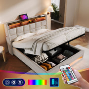 Artistry At Home upholstered platform bed with hydraulic storage, LED lights, and USB charging ports, shown without mattress.