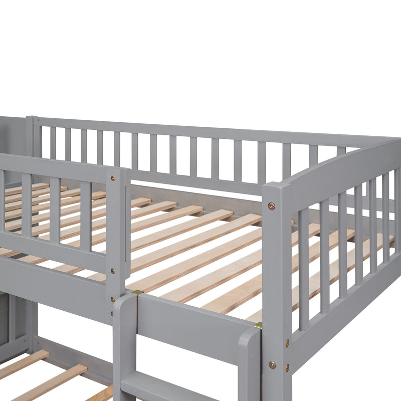 Gray twin over twin bunk bed with stairway, built-in drawers, and slide from DreamHaus, featuring safety rails and a sturdy frame.