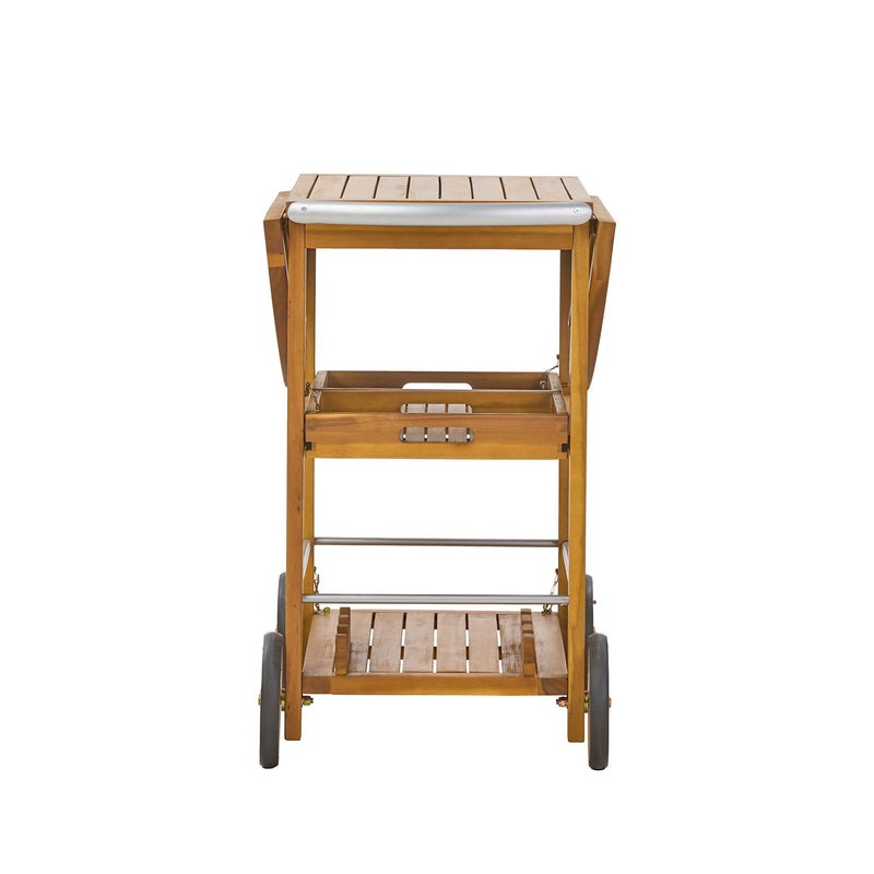 Teak outdoor bar cart with foldable tabletop and removable trays, ideal for outdoor storage and entertaining.