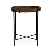 Modern industrial round end table with tray top and foldable iron legs by Noble House, featuring a natural finish.