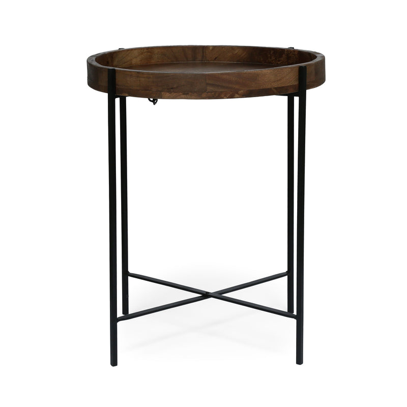 Modern industrial round end table with tray top and foldable iron legs by Noble House, featuring a natural finish.