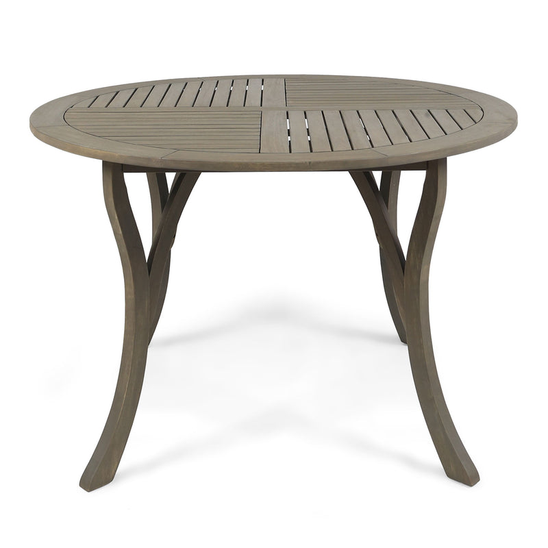 Noble House Hermosa outdoor acacia wood circular dining table with a sturdy design and smooth surface for outdoor dining.