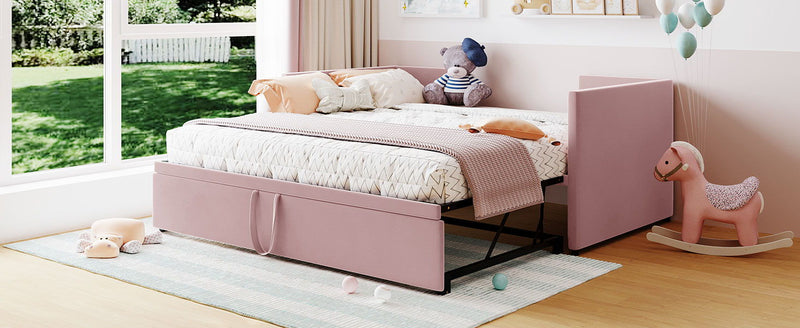 Twin size upholstered daybed with pop-up trundle from Halcyon Home, featuring plush fabric and a sleek frame for versatile seating and sleeping.