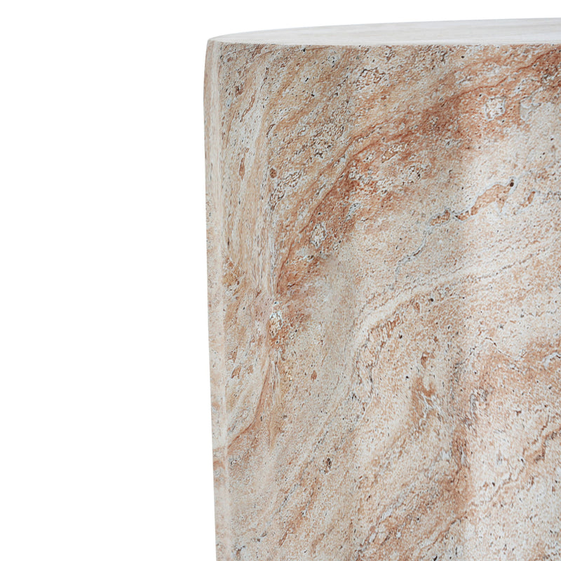 Outdoor / Indoor Lightweight Concrete Side Table, Cylinder Travertine Finish Accent Table - Beige - R&R Furniture Gallery (Fountain Valley, CA)