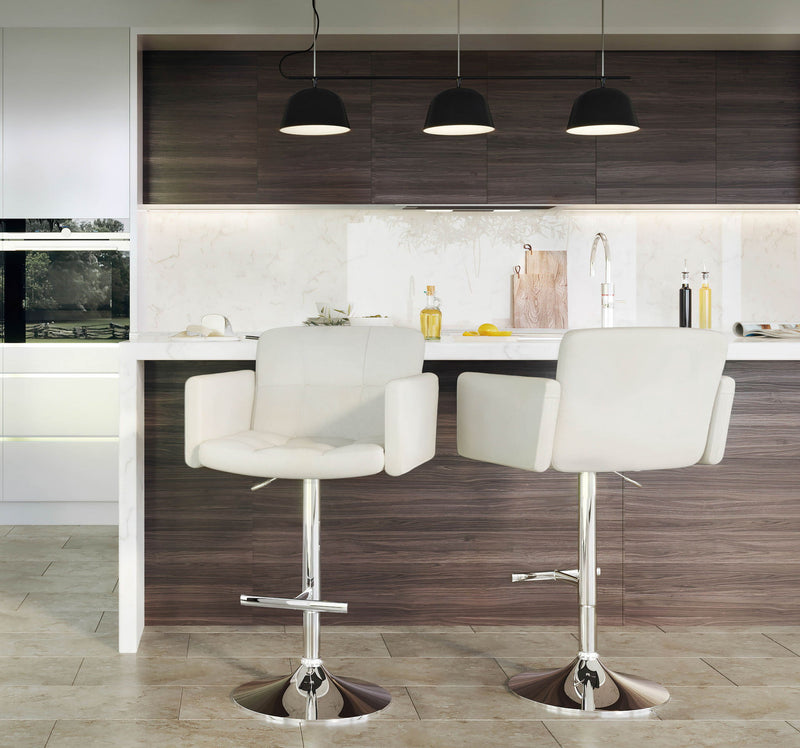 Lumi Source Stout adjustable barstool with swivel, modern design, bar height 28-30 inches, featuring a cushioned seat and metal base.