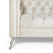 Contemporary Noble House 3 seater sofa with button tufting, stationary design, upholstered in neutral fabric with plush cushions.