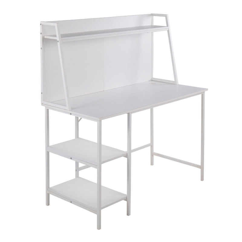 Lumi Source Geo lift top desk with contemporary design, featuring a sleek wooden finish and functional storage shelf.