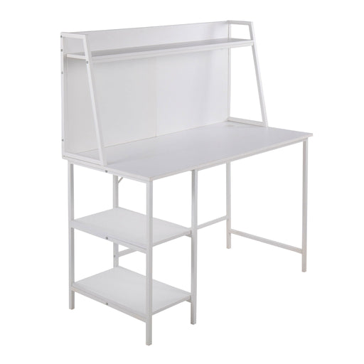 Lumi Source Geo lift top desk with contemporary design, featuring a sleek wooden finish and functional storage shelf.