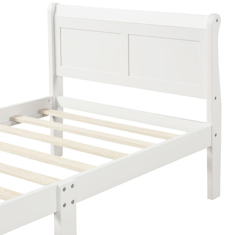 DreamHaus platform bed frame with wooden slat support, sleigh style headboard and footboard, designed for mattress foundation.