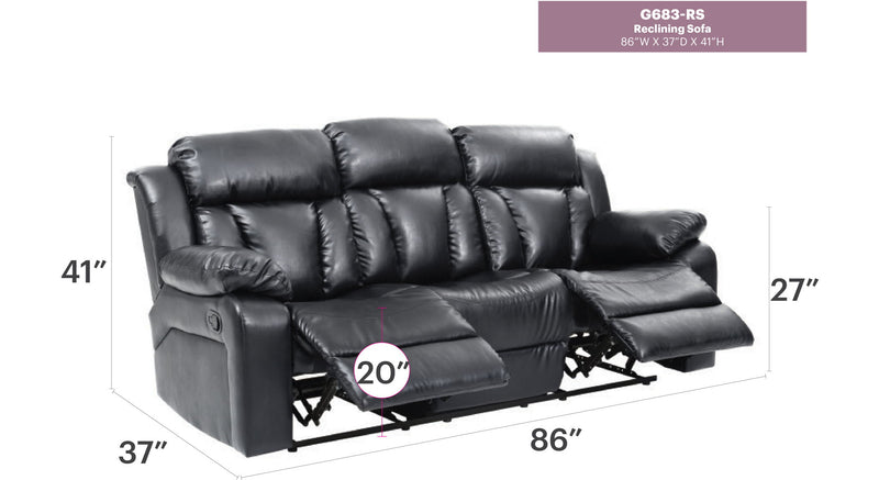 Elegant reclining sofa by Glory Furniture, featuring plush cushions and a sleek design for relaxing and leisure use.